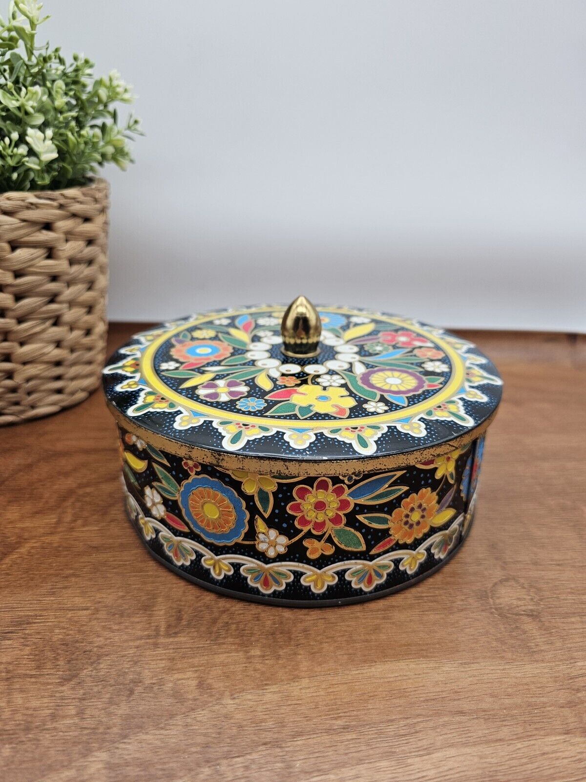 Vintage Daher England Covered Biscuit Candy Tin Canister Colorful Floral Design