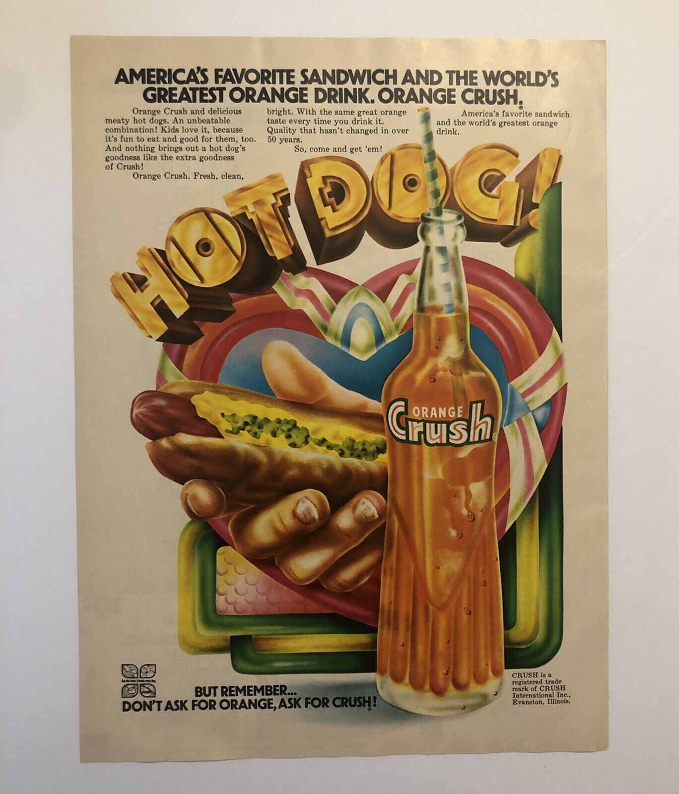 1970’s Orange Crush Soda Pop Beverage & Hot Dog Colorful Magazine Ad