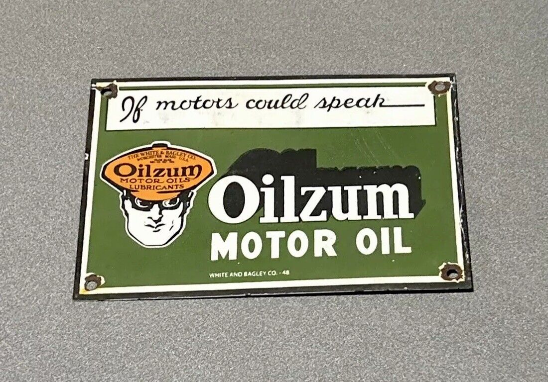 VINTAGE 1948 OILZUM MOTOR OIL PORCELAIN SIGN CAR GAS OIL TRUCK