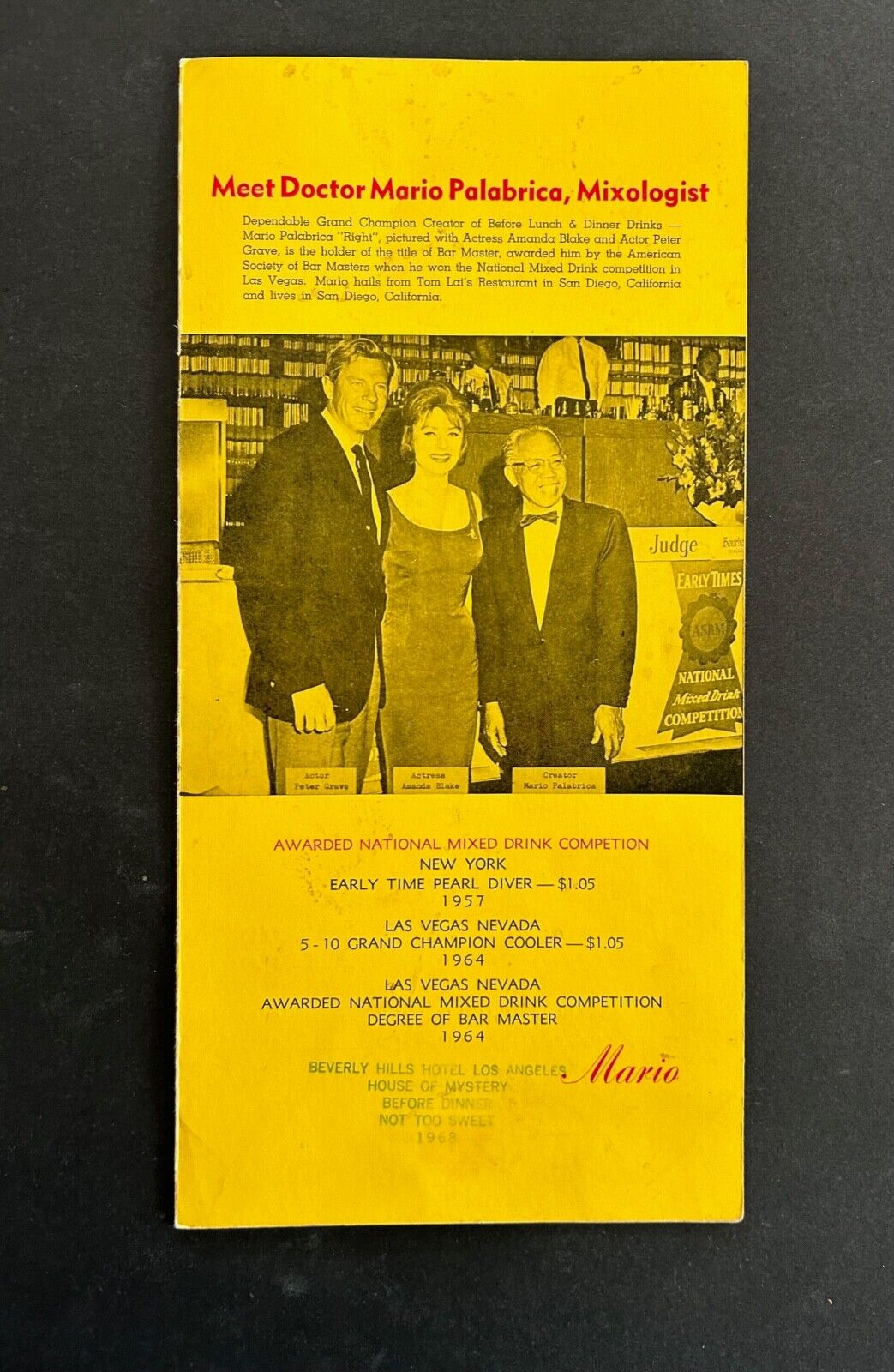 Very Rare 1968 Beverly Hills Hotel Drink Menu (Peter Graves, Amanda Blake cover)