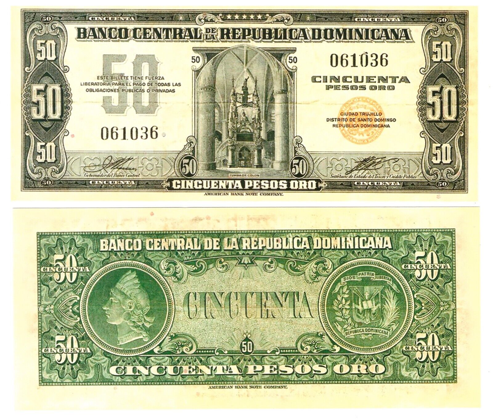 -r Reproduction NOTE Dominican Republic 50 Pesos Oro 1947-1950 Pick #64 1830R