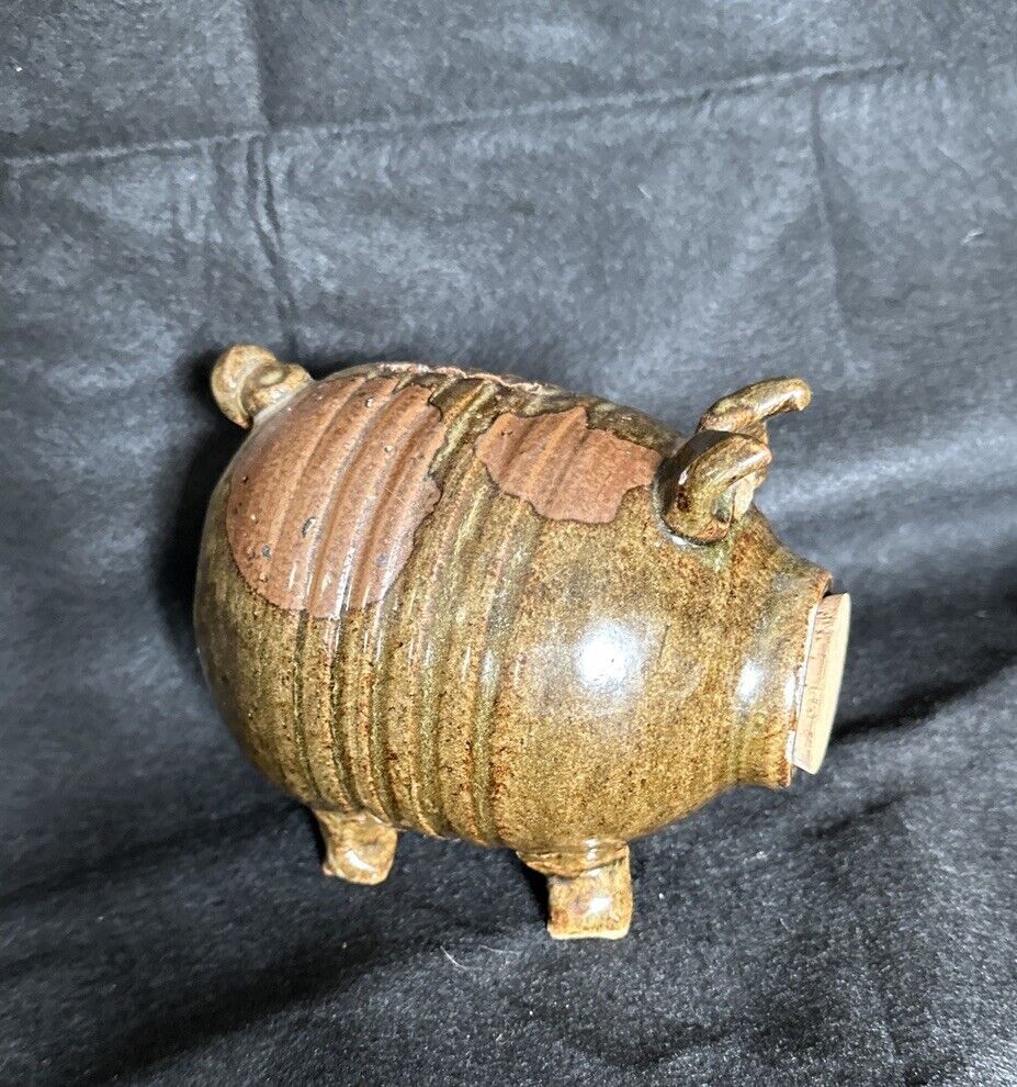 Folk Art Stoneware Clay Pottery Glaze  PIG PIGGY BANK with CORK NOSE Signed
