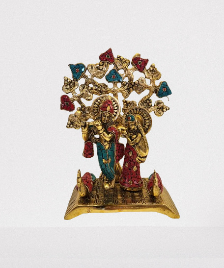 White Metal Radha Krishna Tree Brass Polish With Stone Work Handcrafted Gift