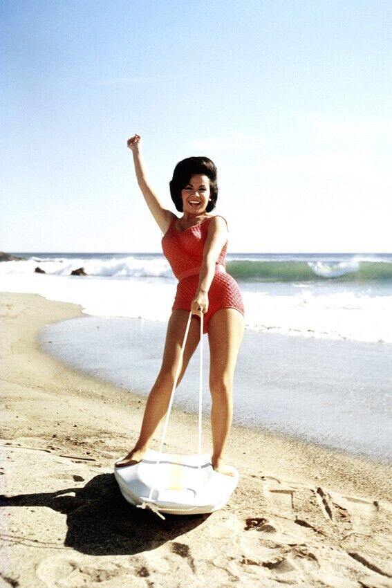 Annette Funicello full length in bathing suit on surfboard 24x36 inch Poster