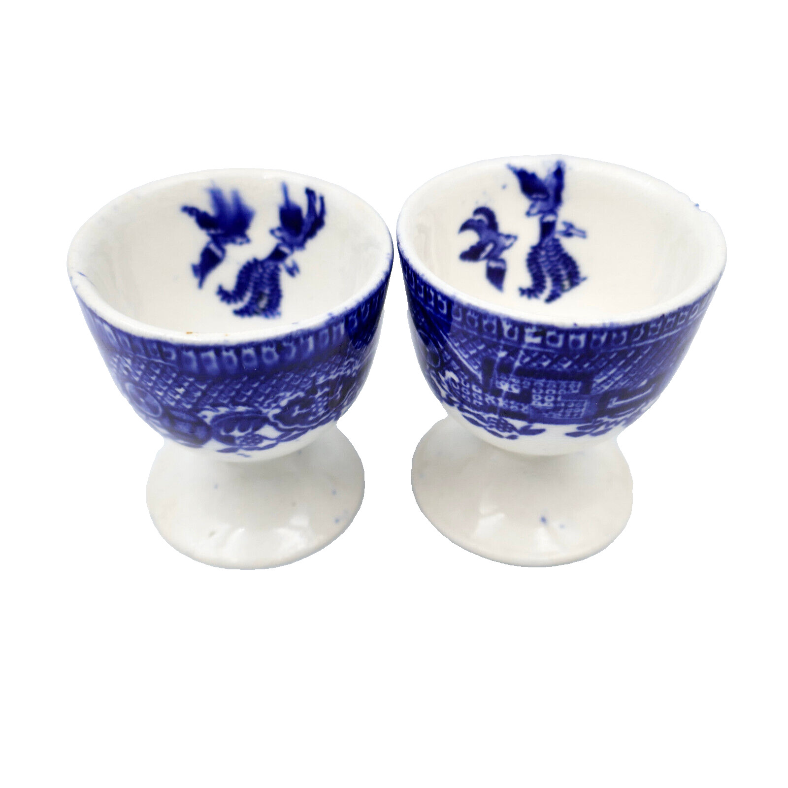 Early Flow Blue Egg Cups Set 2 Birds Footed Porcelain England Antique