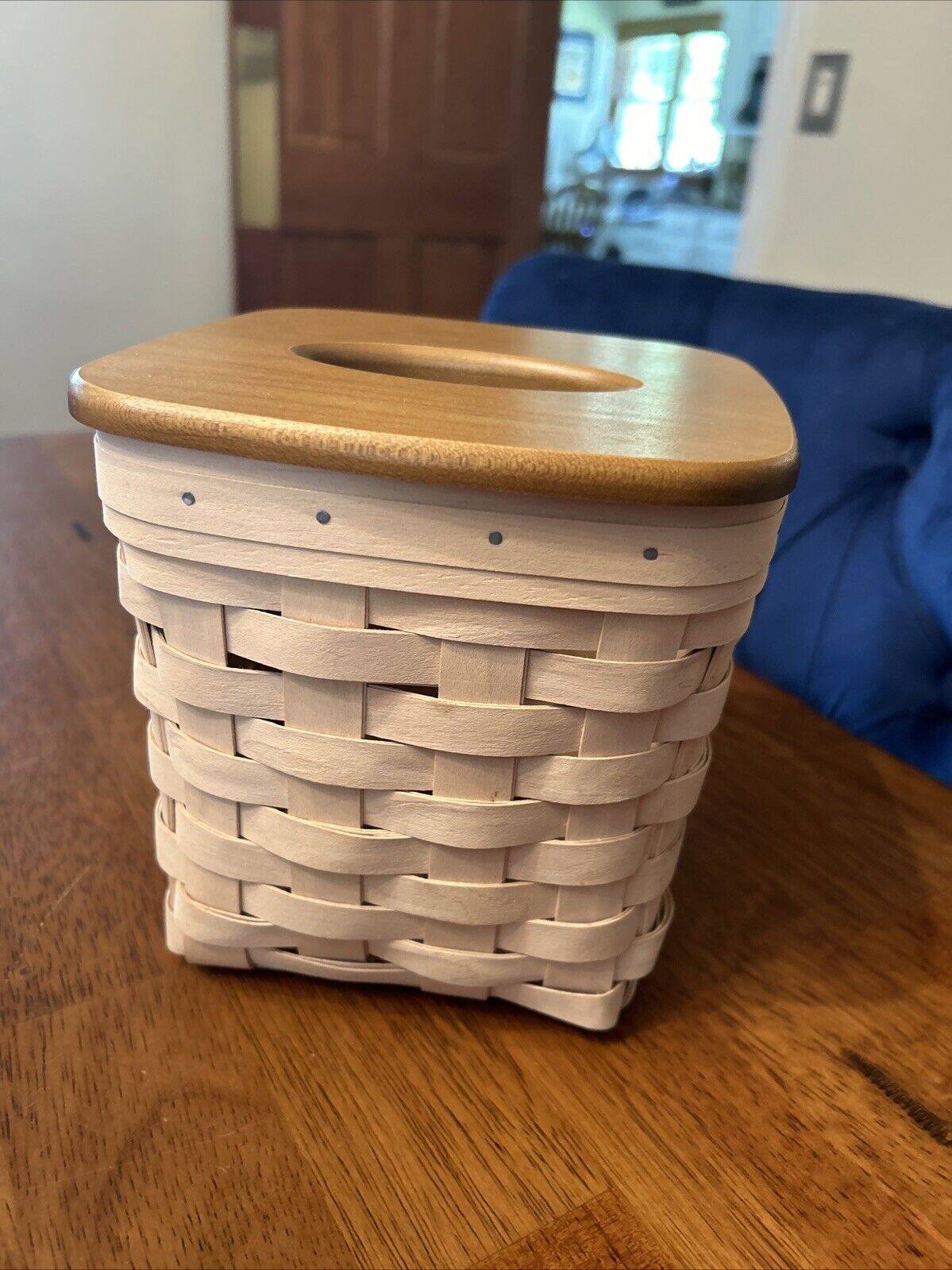Longaberger 2004 Whitewashed Tall Tissue Basket, Protector & Brown Wooden Lid.