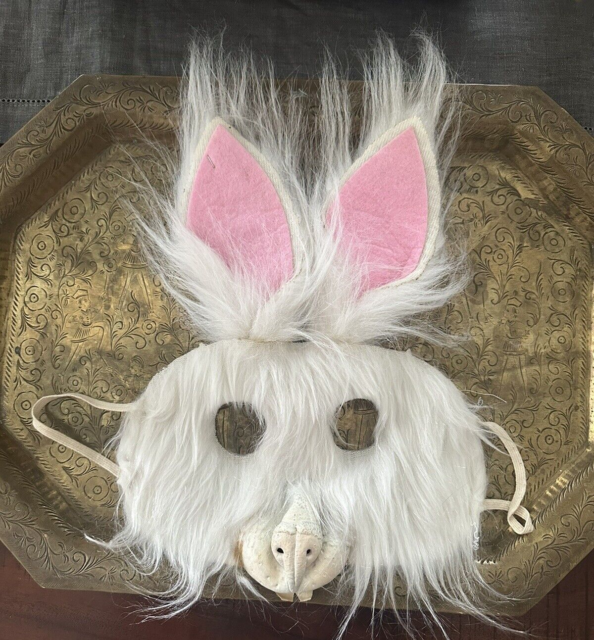 Vintage Bunny Rabbit Mask Animal halloween Easter Spooky Fur White Pink Creepy