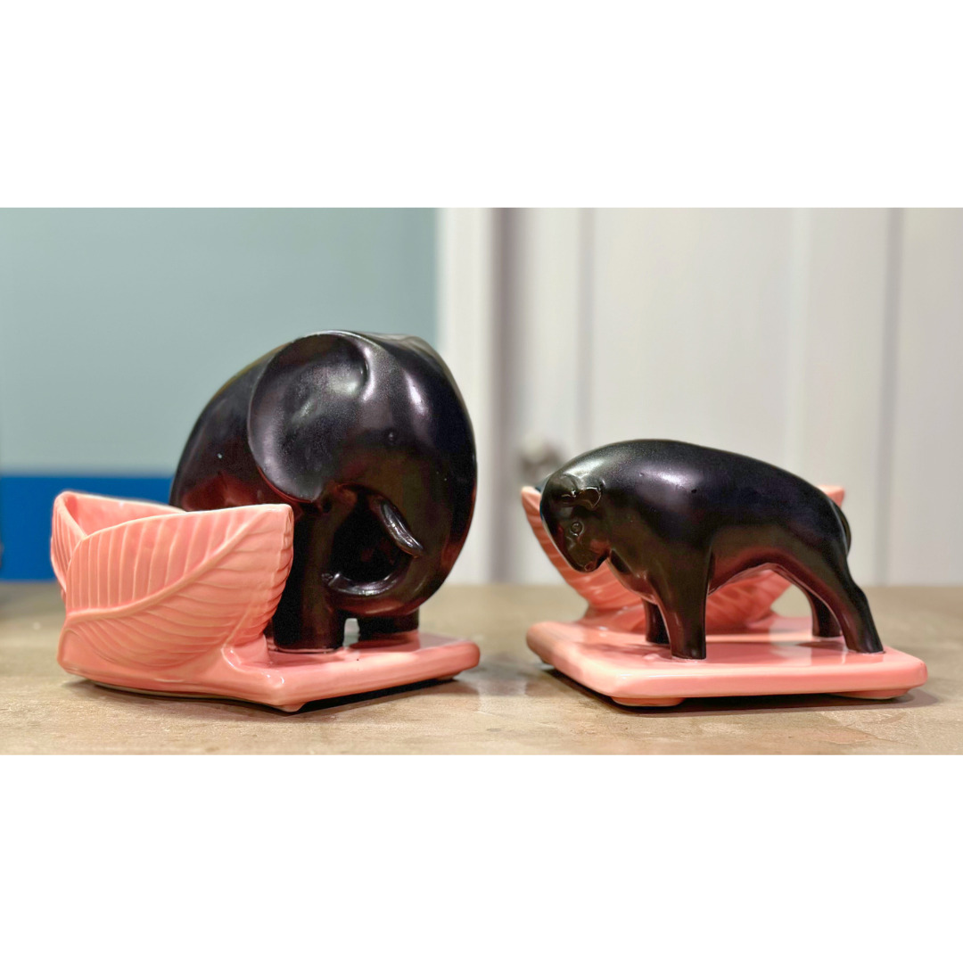 Vintage 1950s Shawnee Pottery - Elephant and Bull - Black and pink planters