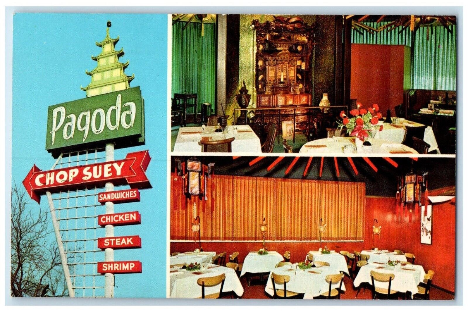 c1940's Pagoda Restaurant Dining Room Tulsa Oklahoma OK Multiview Postcard