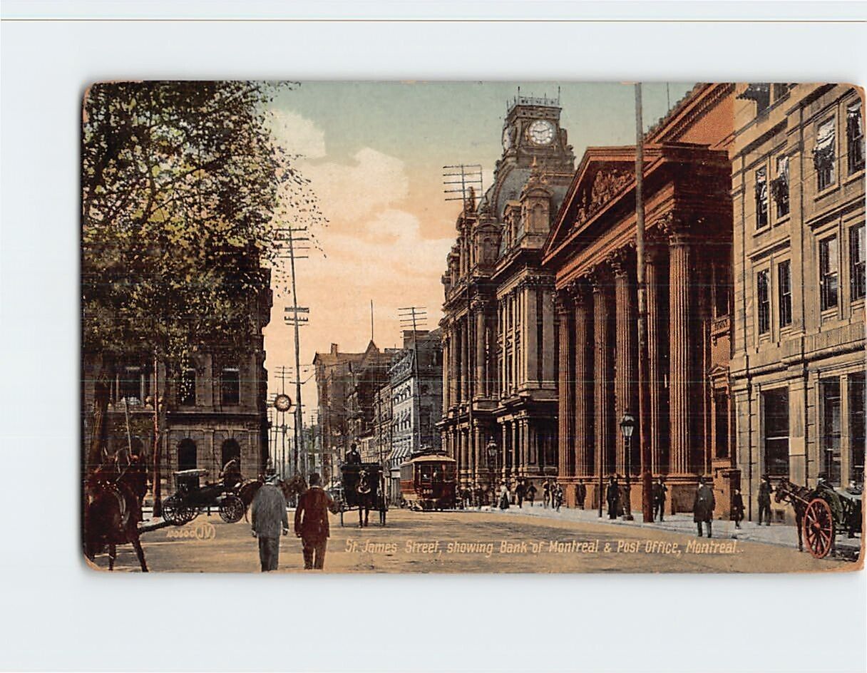 Postcard St. James Street Showing bank of Montreal & Post Office Montreal Canada