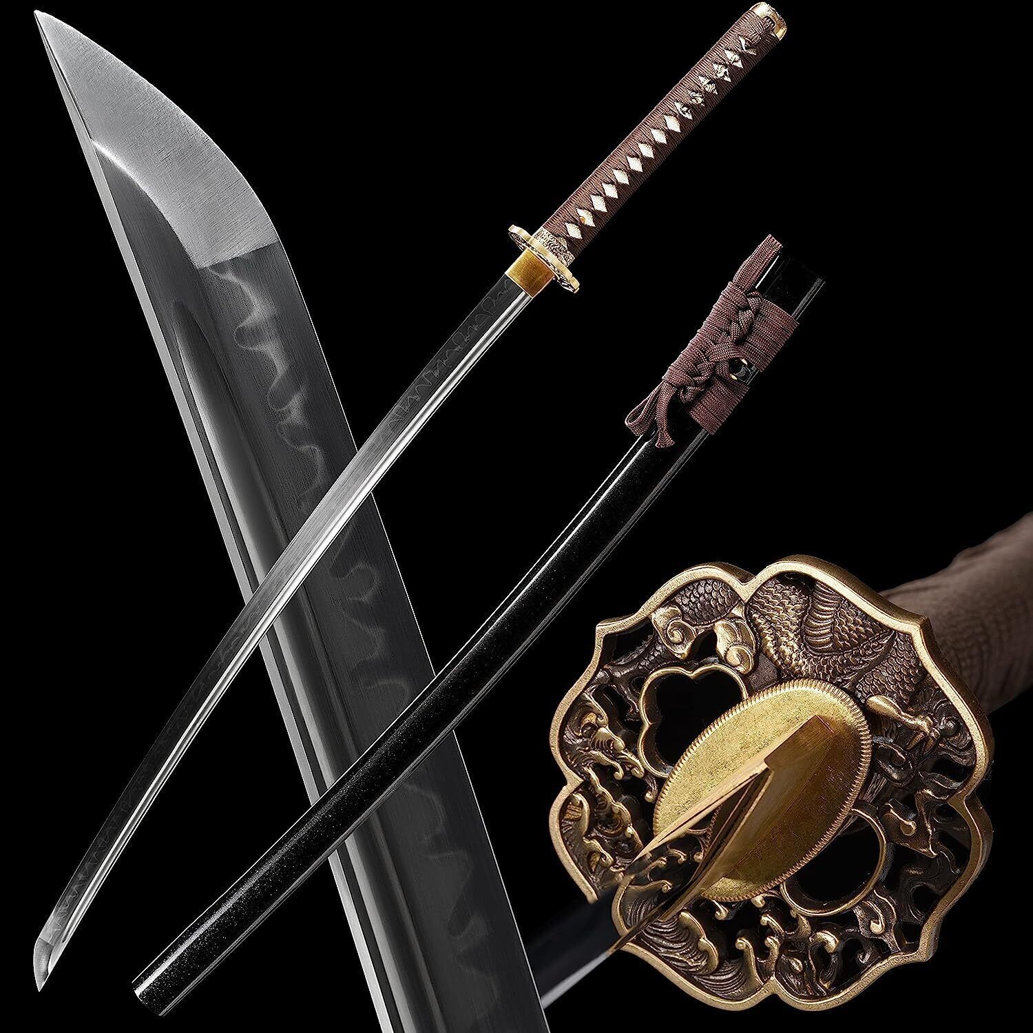 Brown Katana Sword Real Hamon Clay Tempered T10 Steel Razor Sharp Brass Tsuba