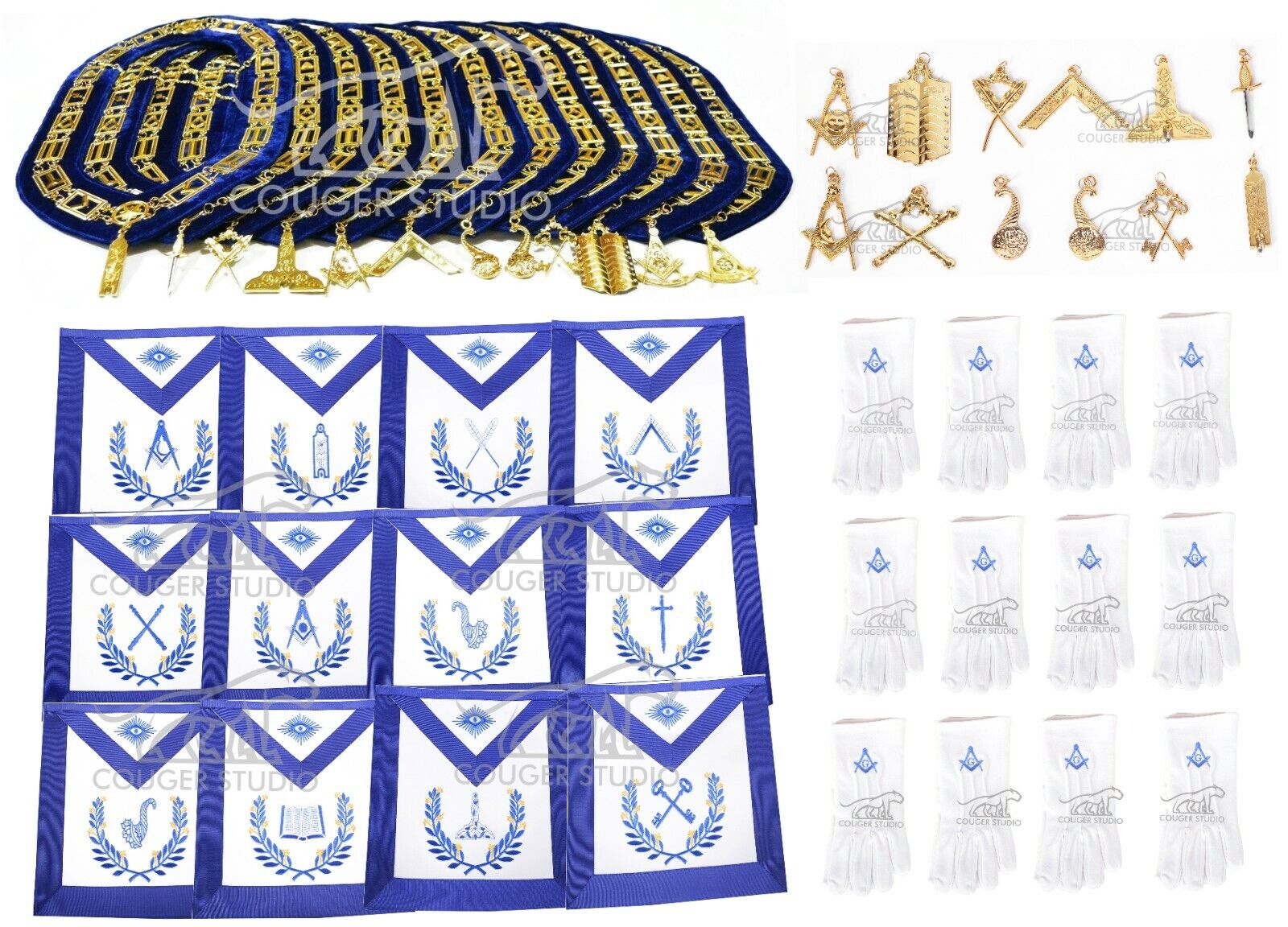 Masonic Aprons & Regalia Blue Lodge Officers Chain Collar and Gloves Set of 12 