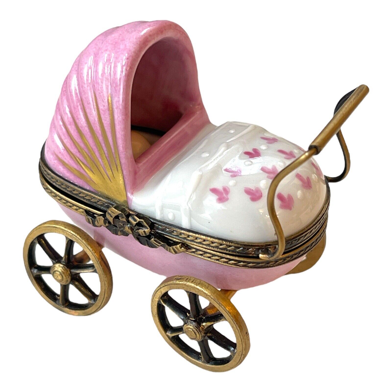 Peint Main Limoges Pink Baby Pram Stroller with Baby Figurine Trinket Box