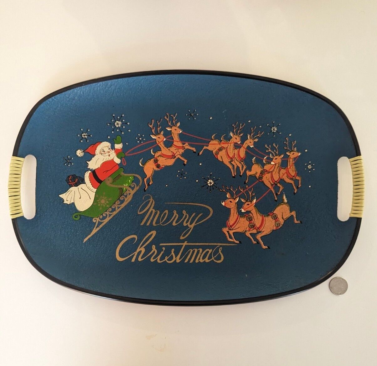 Vtg Christmas MCM 1950s Santa Claus Sleigh Reindeer Blue Serving Tray 17.5”Japan