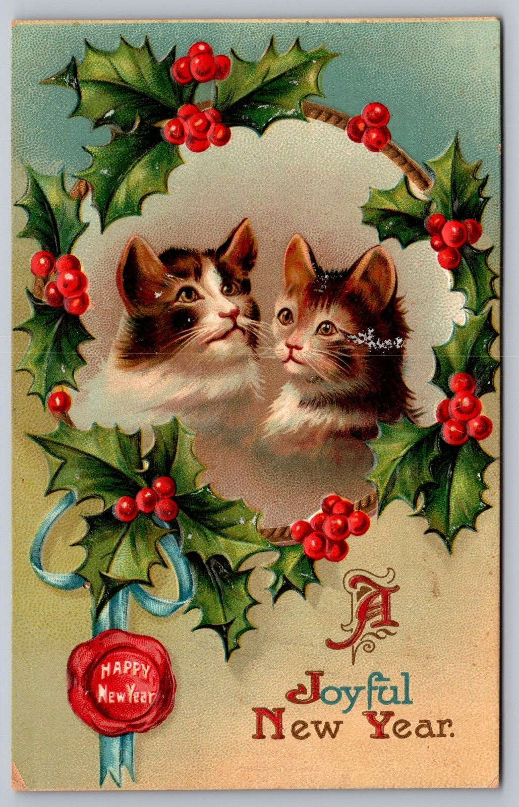 A Joyful New Year-Embossed Antique German Postcard-Cat Artwork-Unposted