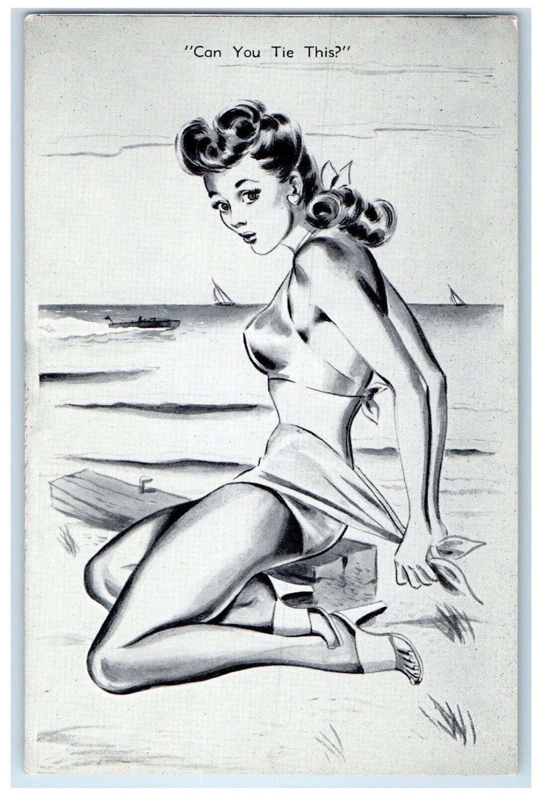 Pretty Woman Postcard Beach Bathing Can You Tie This c1910's Unposted Antique