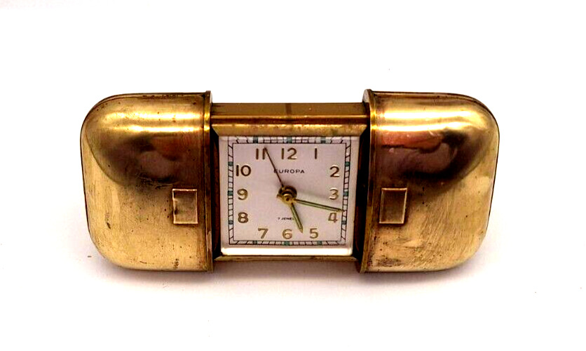 Vintage Europa 7 Jewel Brass Footed Sliding Travel Alarm Clock WORKS Germany