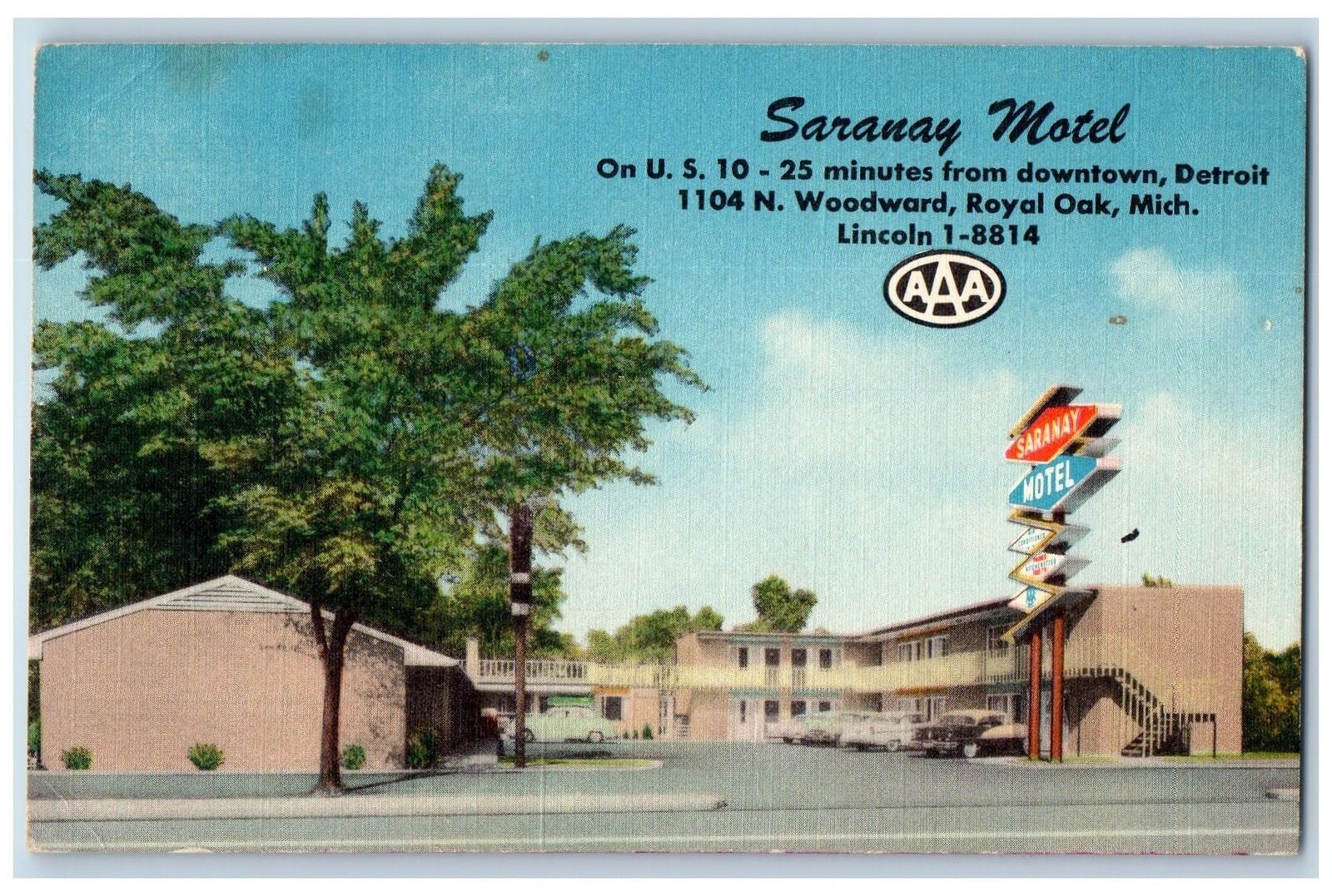 c1940's Saranay Motel & Restaurant Classic Cars Royal Oak Michigan MI Postcard