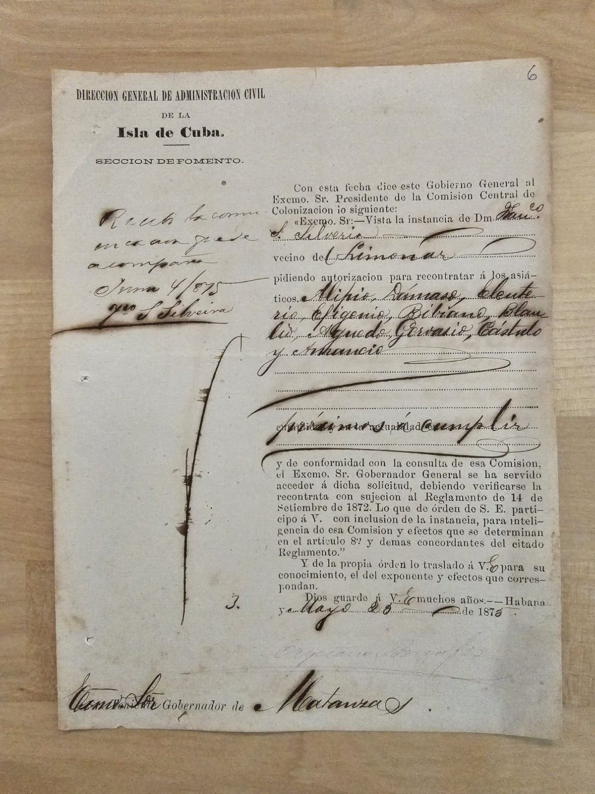 ANTIQUE 1875 CHINA CHINESE SLAVES HAVANA CUBA CONTRACT DOCUMENT SIGNED