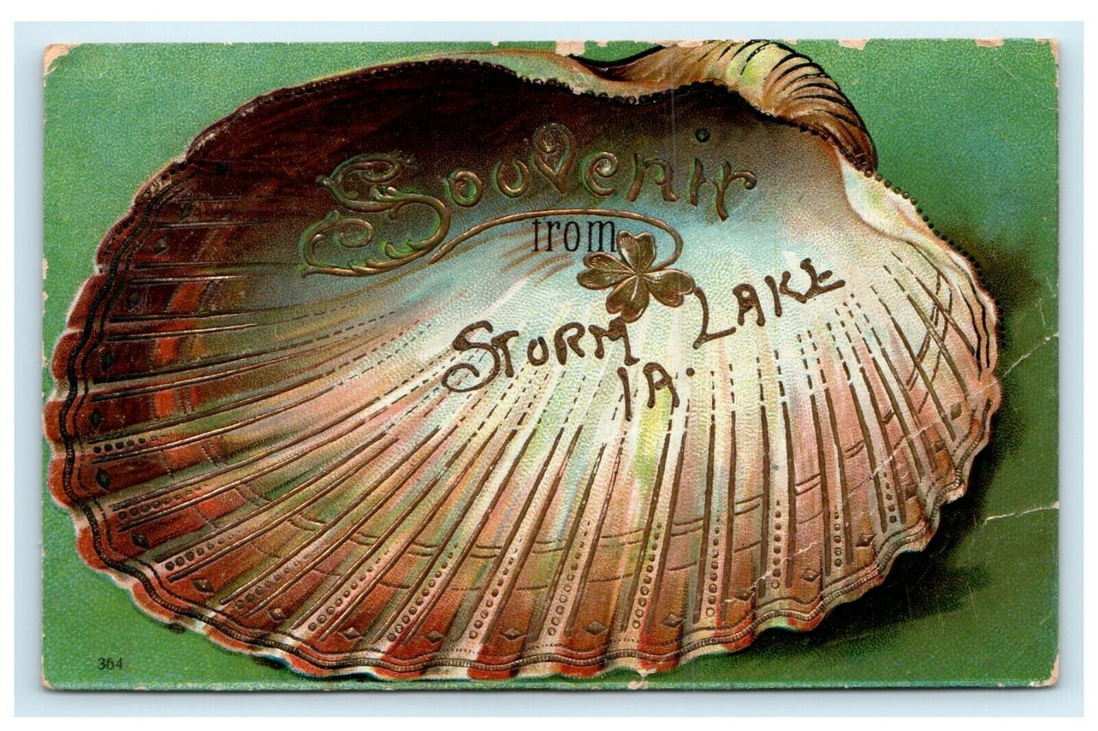 c1910's Souvenir From Storm Lake Iowa IA, Giant Shell Embossed Postcard