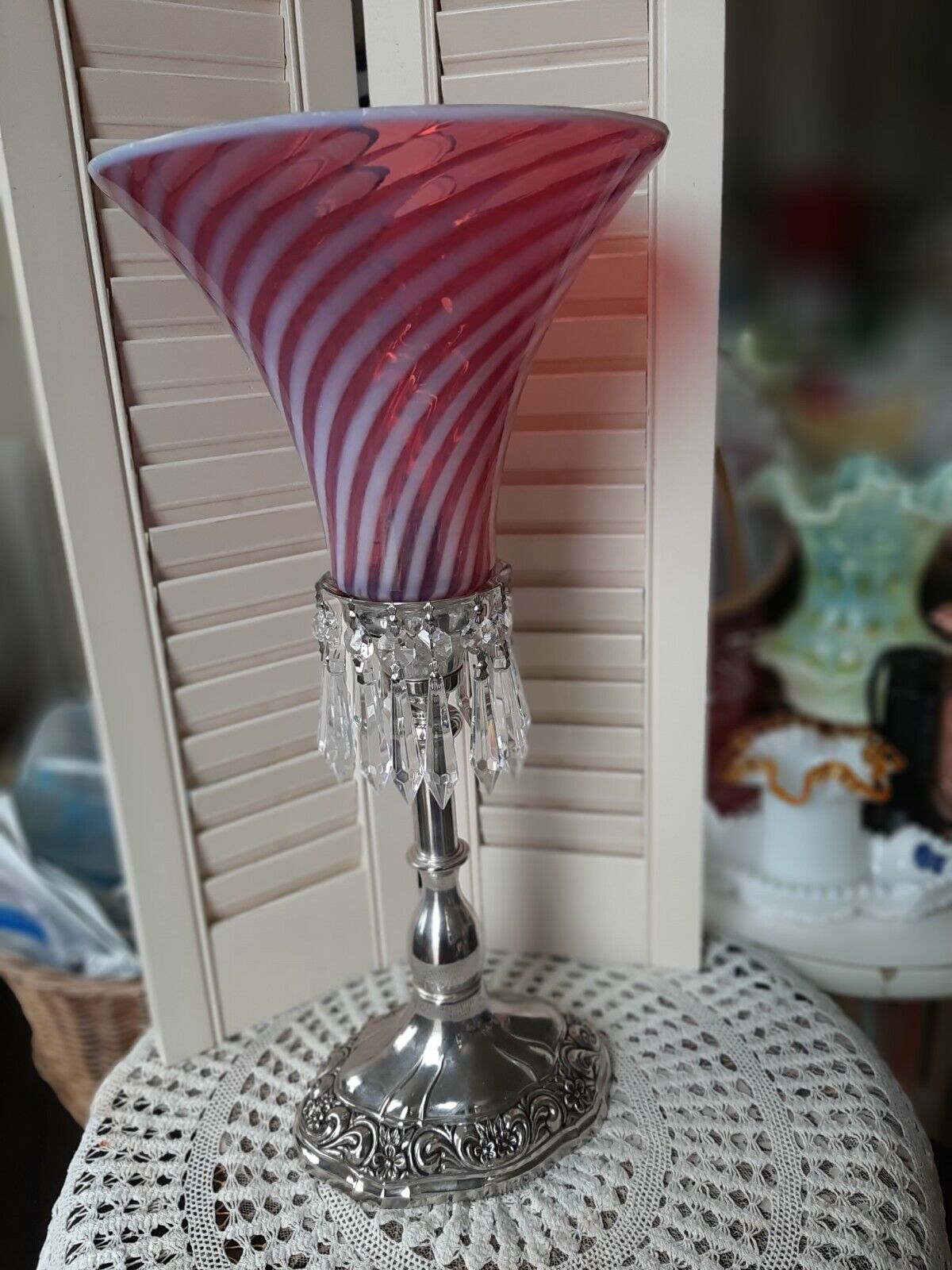Vintage Fenton Antique TORCH Cranberry Swirl Silver Plate Lamp STUNNING PRISMS 