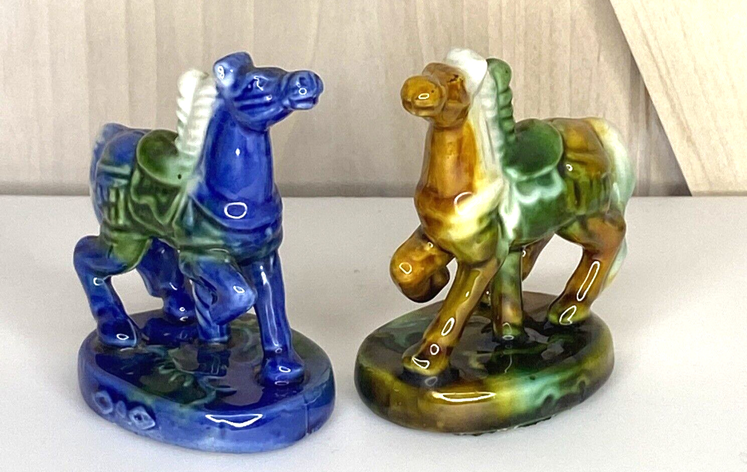 Vintage Lot of 2 Miniature Horse Ceramic Figurine Blue Green Colors