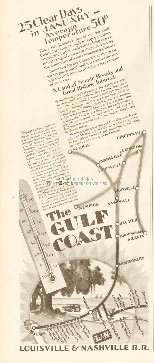 1927 Louisville & Nashville Railroad Vintage Ad L&N 1920's Route Map Gulf Coast