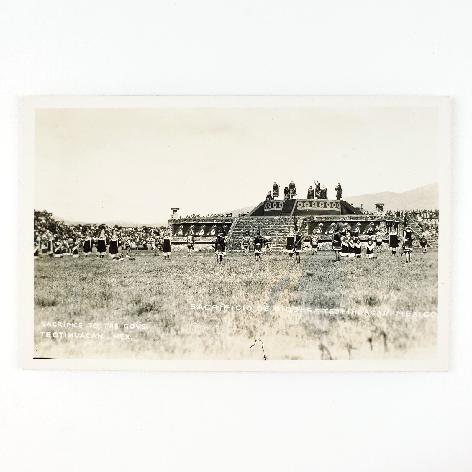 Teotihuacan Aztec Pyramid Ruins RPPC Postcard 1940s Mexican Sacrifice Card C1826