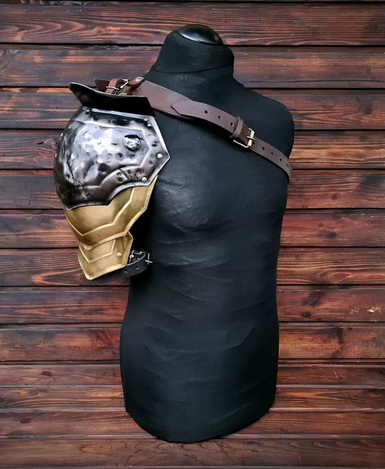Fantasy warrior shoulder armor  blackened and golden shoulder fantasy knight