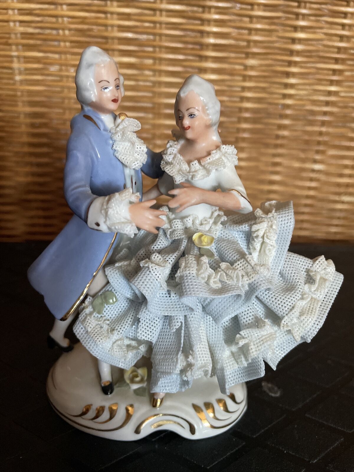 Vintage Dresden Germany  Porcelain Lace Victorian Dancing Couple Figurine 5x5