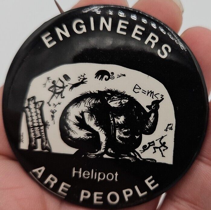 VTG Button Engineers Are People Helipot Pinback Black White e=mc2 Cool Artsy Pin