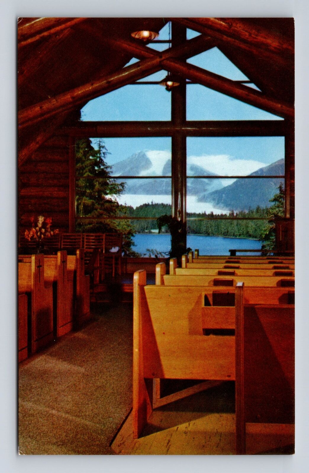 Juneau AK-Alaska, Chapel by Lake, Auke Bay, Mendenhall Glacier Vintage Postcard