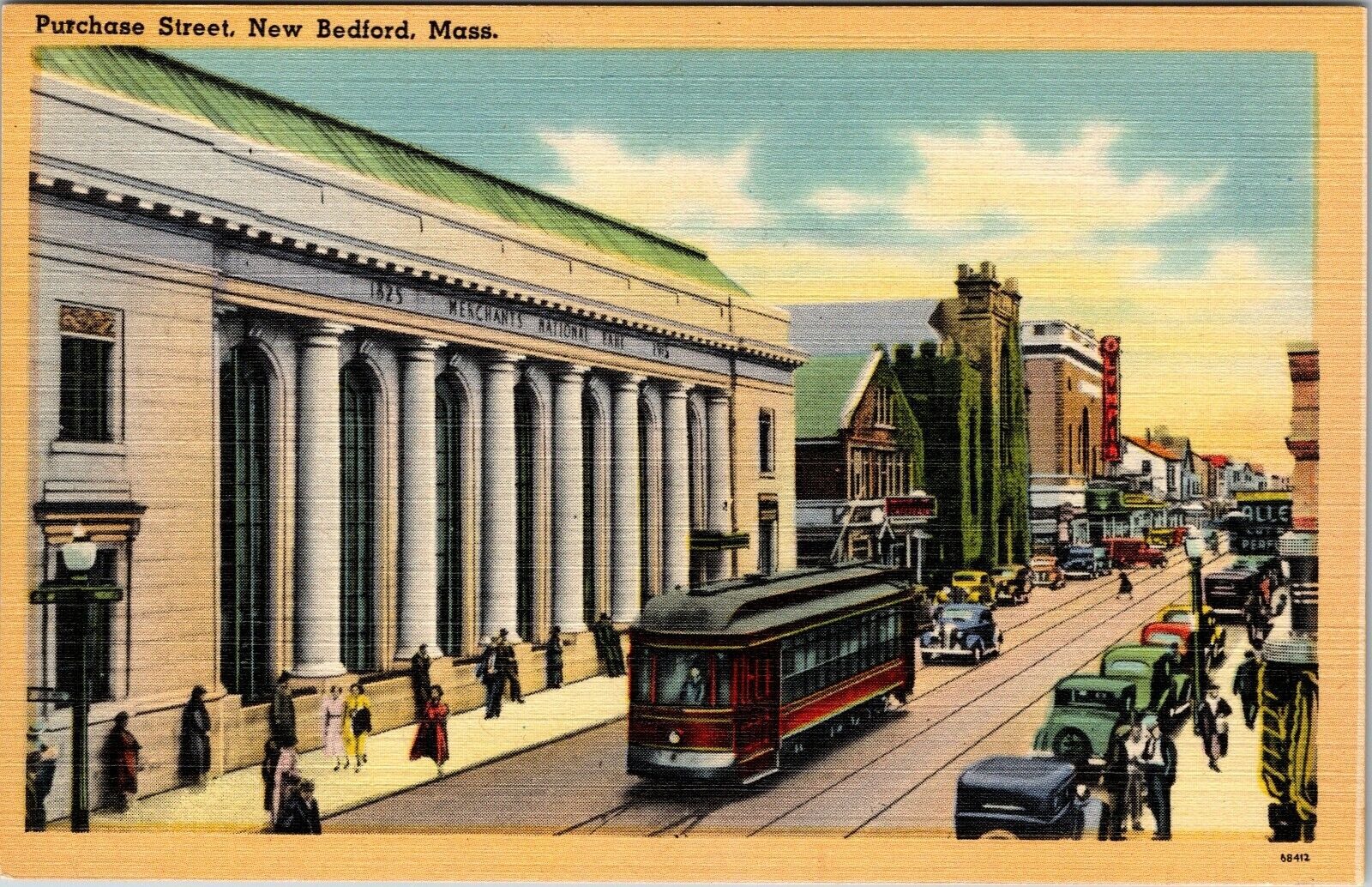 New Bedford  Massachusetts Purchase Street Vintage Postcard Linen (c. 1930-1945)