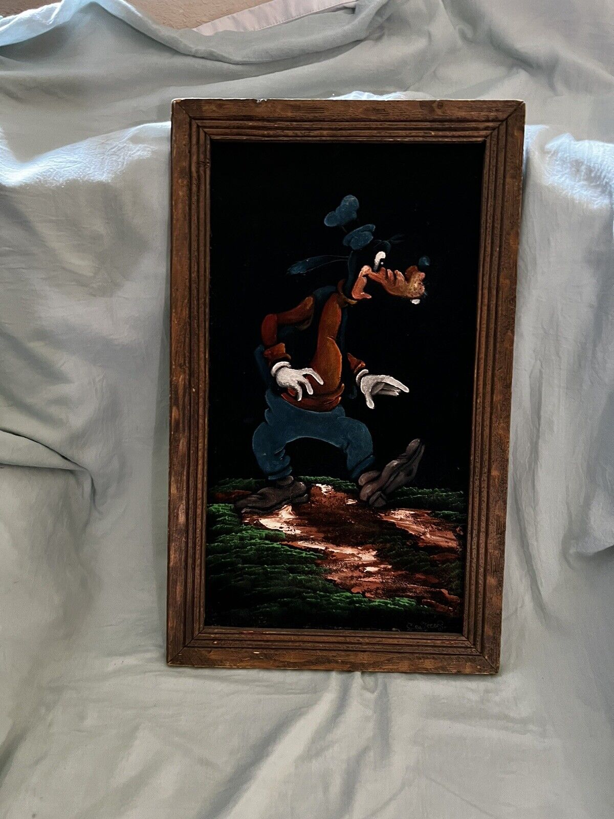 Goofy, Black Velvet Painting, Framed, Vintage