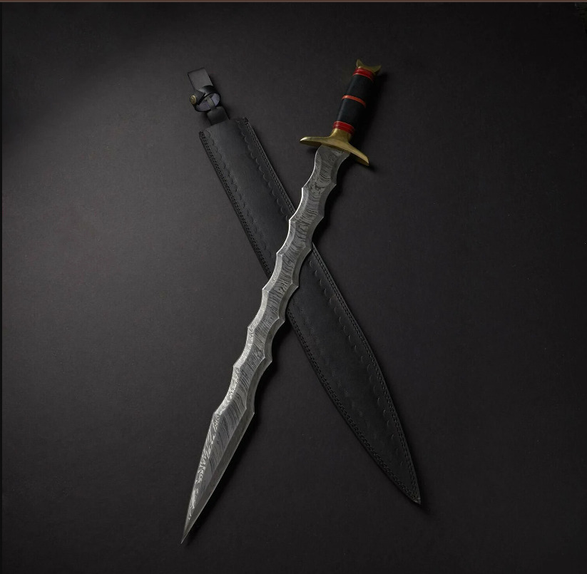 Beautiful Handmade Sword , Custom Hand Forged Damascus Steel Sword With Leather