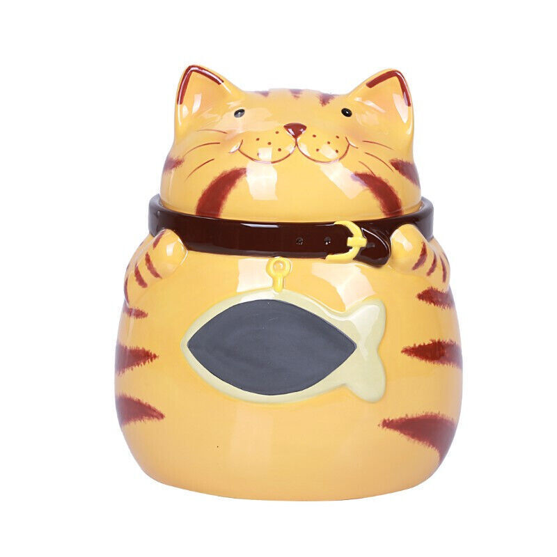 PT Fat Happy Tabby Cat Hand Painted Ceramic Cookie Jar