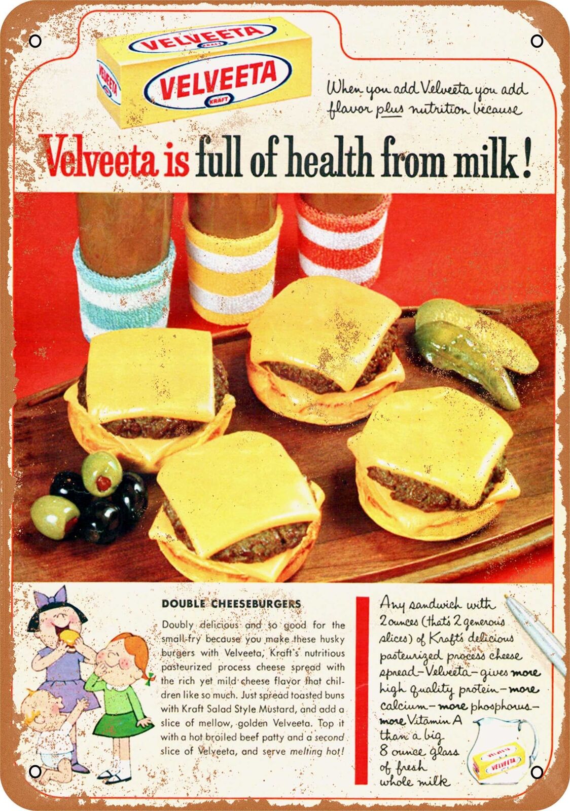 Metal Sign - 1964 Kraft Velveeta Cheeseburgers - Vintage Look Reproduction