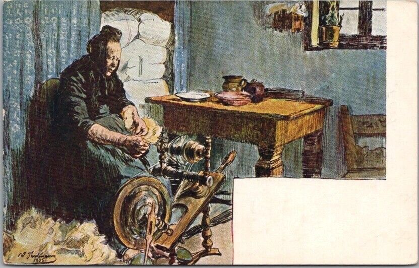 Vintage 1905 Artist-Signed Postcard Old Woman / Spinning Wheel / Printed Germany