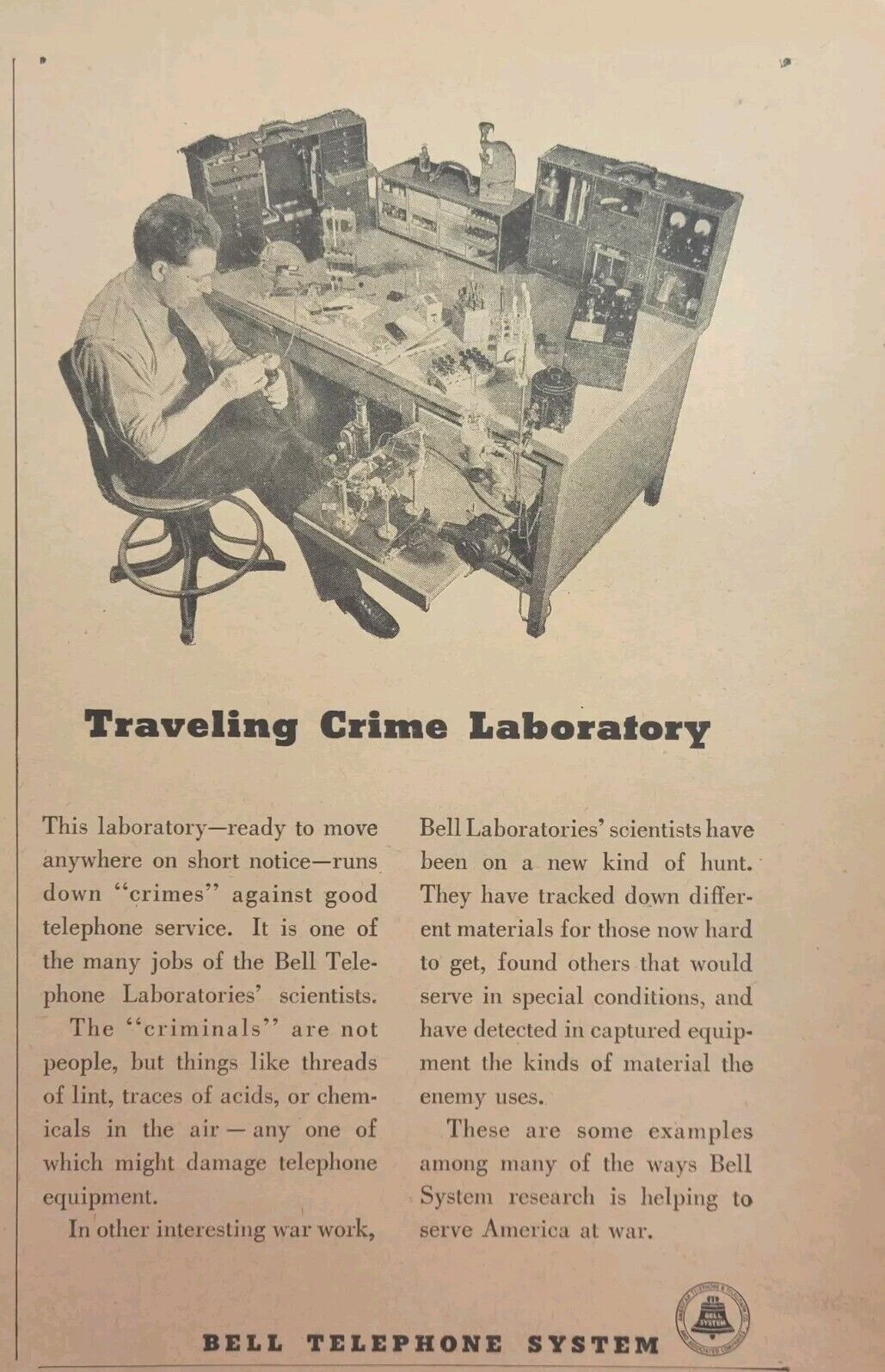 Bell Telephone System Traveling Crime Laboratory Science Vintage Print Ad 1945