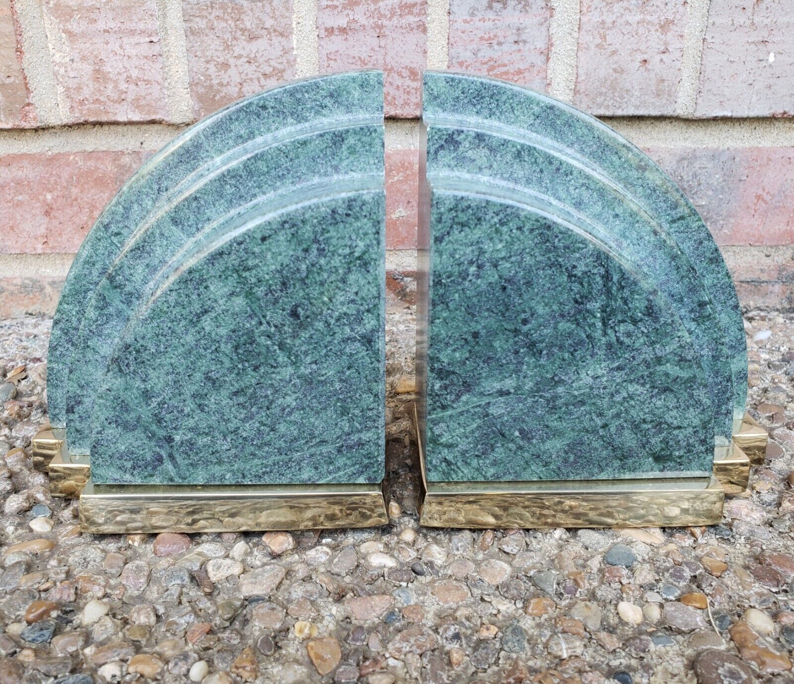 Pair of Vintage Heavy Art Deco Green Marble & Brass Bookends Mid Century Modern