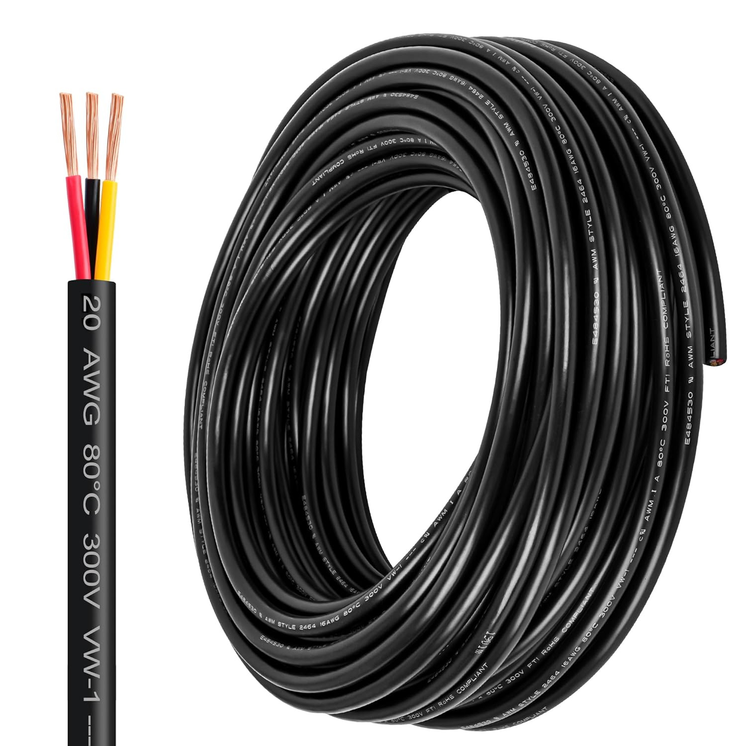 20 Gauge Wire 3 Conductor,20 AWG Electrical Wire Stranded PVC Cord Oxygen-Free C