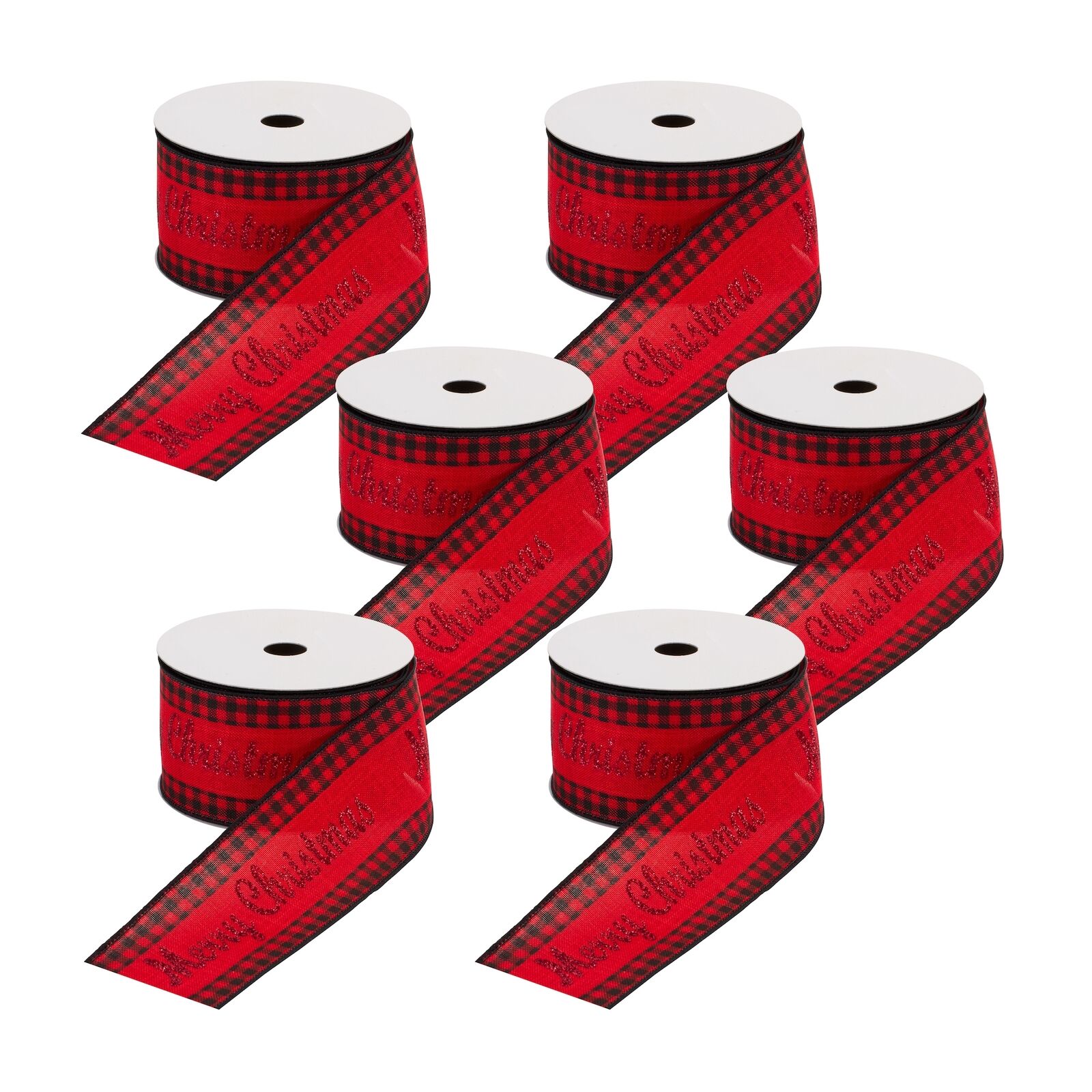 Melrose Wired Merry Christmas Ribbon with Buffalo Plaid Accent (Set of 6)