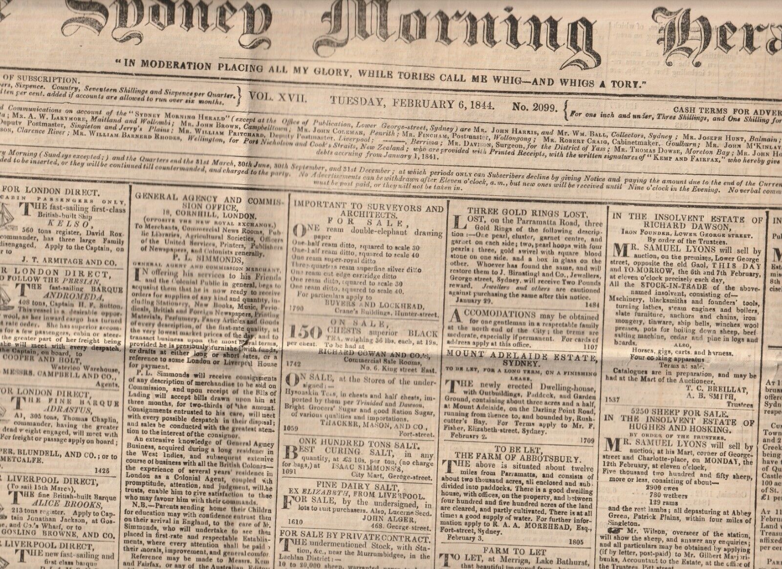 MEMORABILIA , THE SYDNEY MORNING HERALD , TUESDAY FEB 6 , 1844