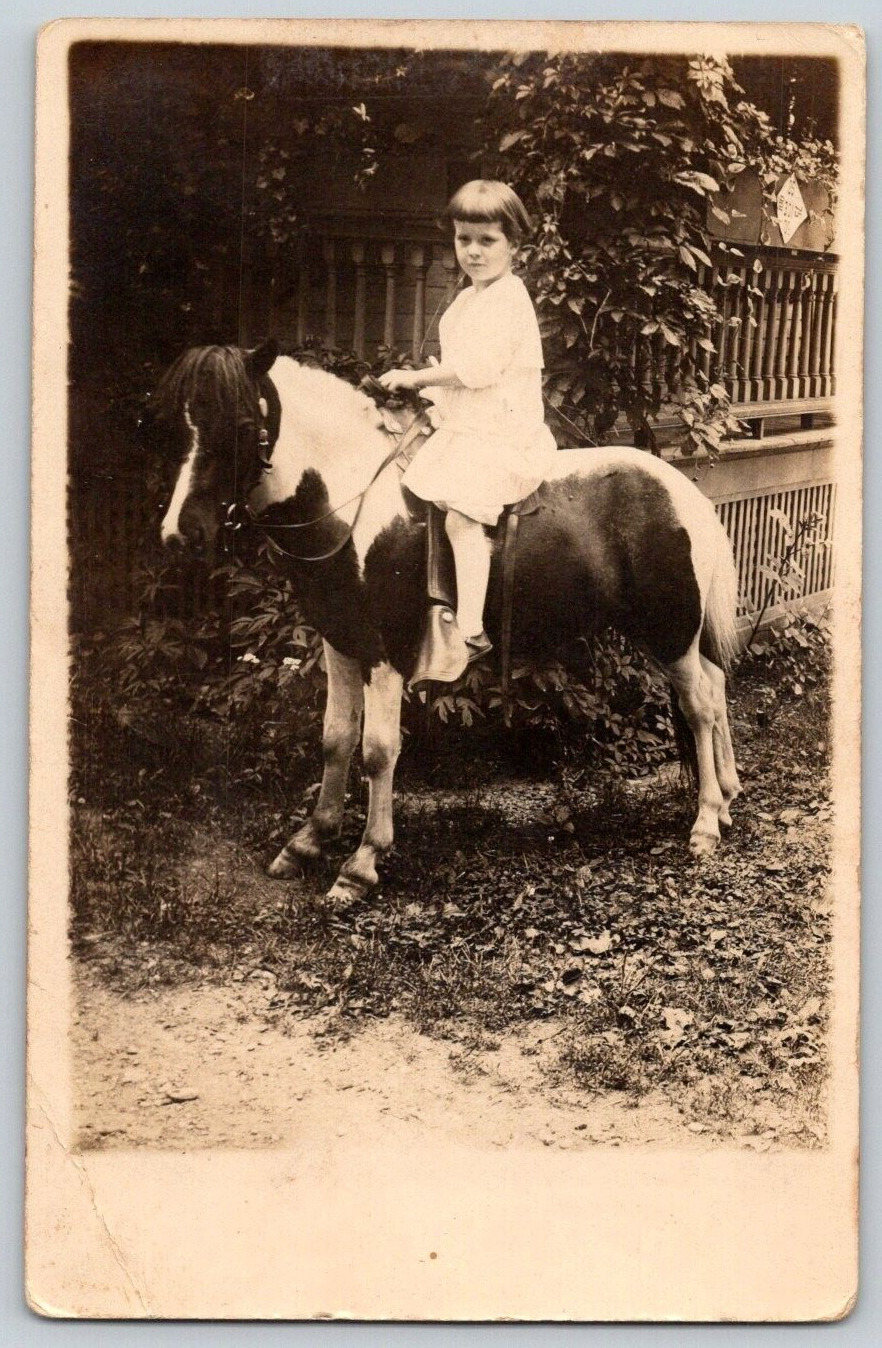 RPPC Postcard~ Little Girl Riding A Miniature Horse~ 1913 Sayre, PA Cancel
