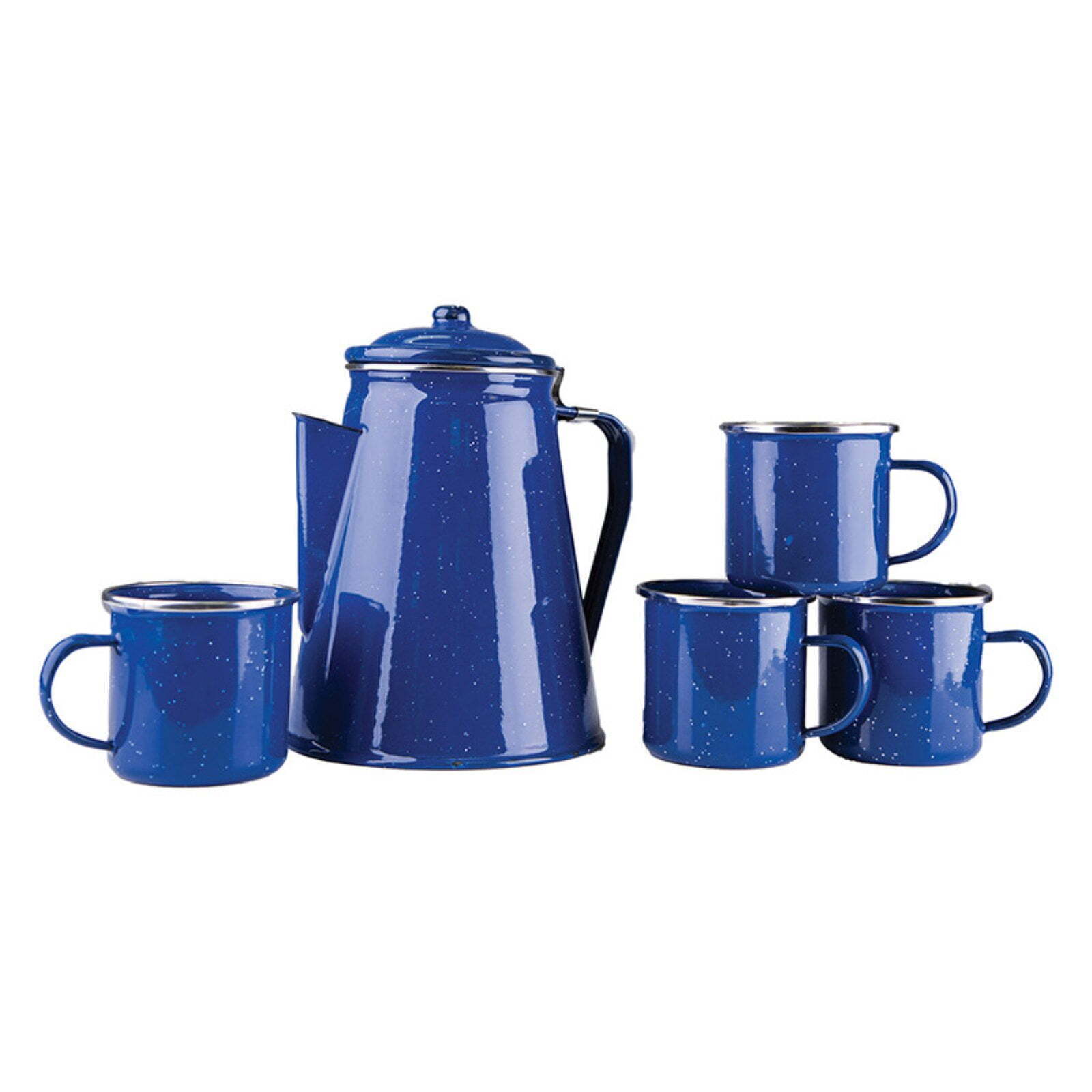 Enamel 8 Cup Coffee Pot with Percolator and (4) 12 Ounce Mugs for Camping, Blue