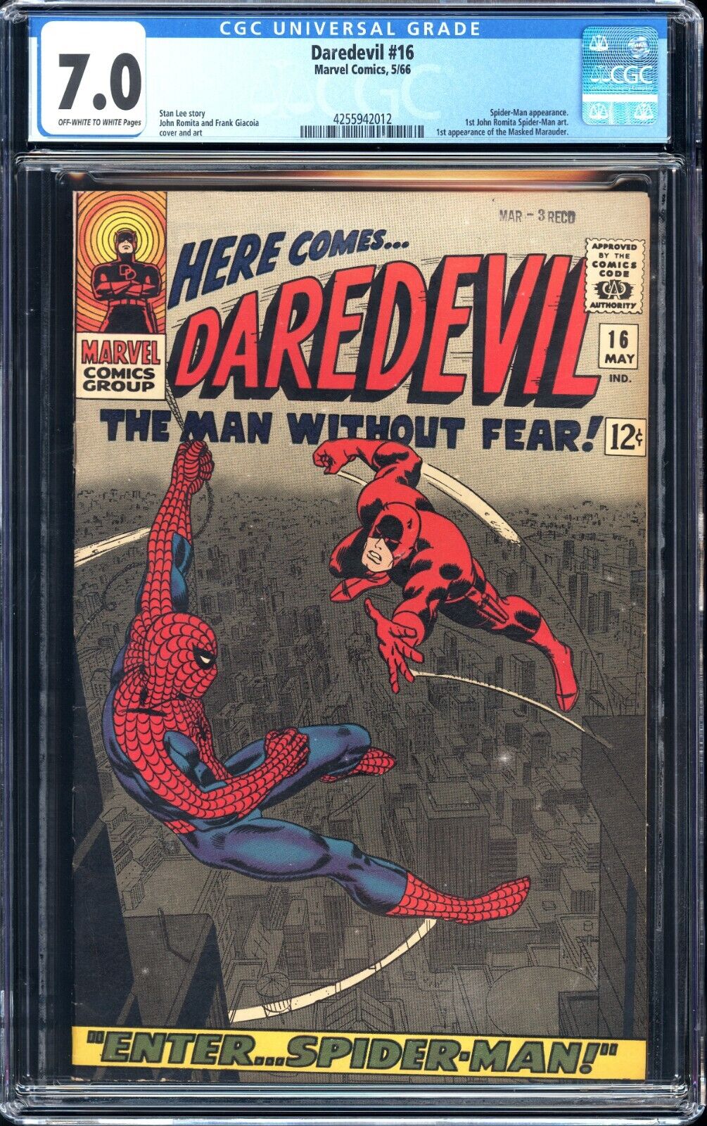 Marvel Daredevil #16 CGC 7.0 OW to White Pages 1966 - First Romita Spider-Man