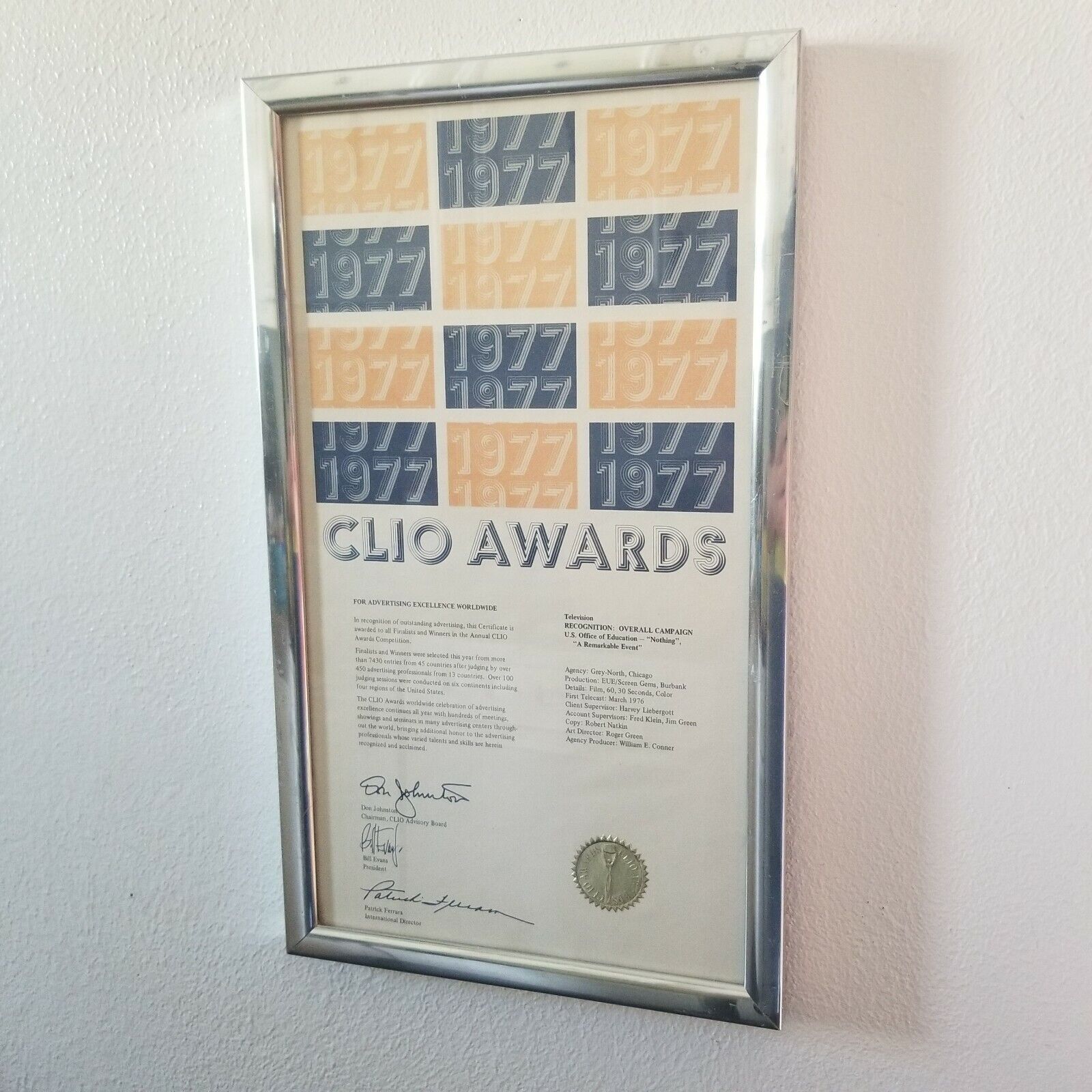 1977 CLIO Finalist Award Certificate Television Overall Campaign US Office of Ed