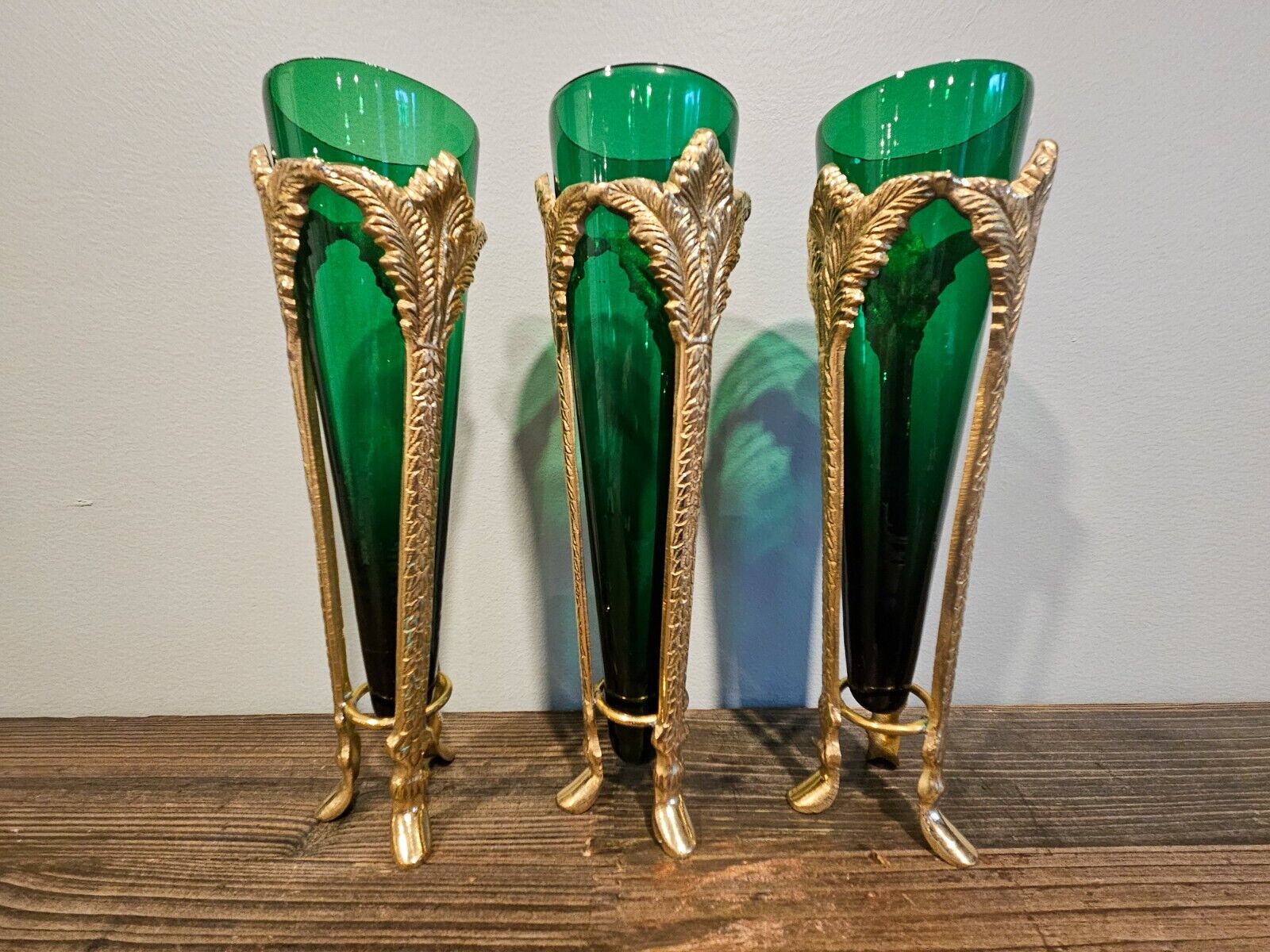 Antique Brass And Emerald Green Set Of 3 Ornate Mid Century Vases