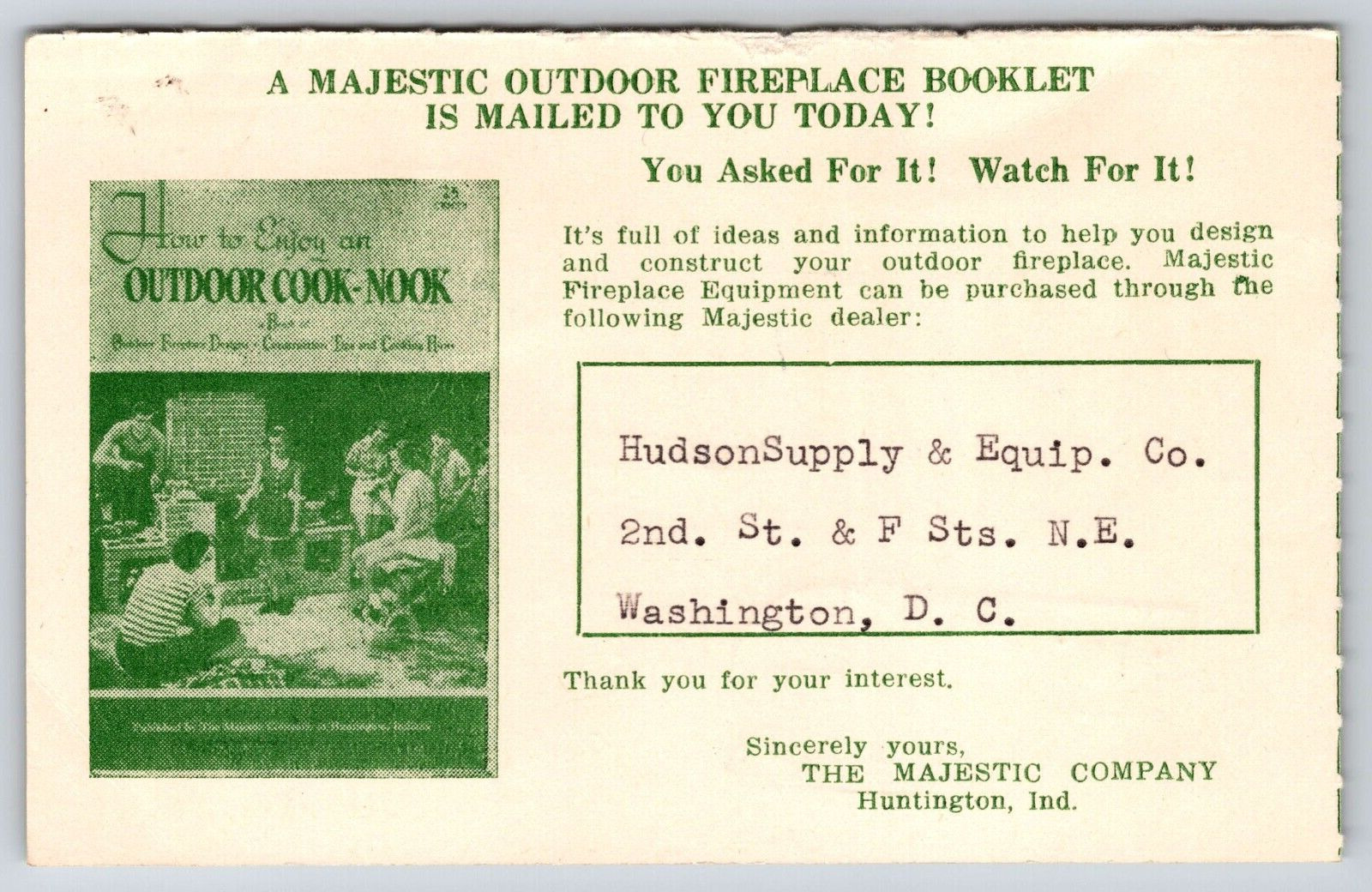 Postcard Majestic Outdoor Fireplace Booklet Order Advertisement 1949 Posted