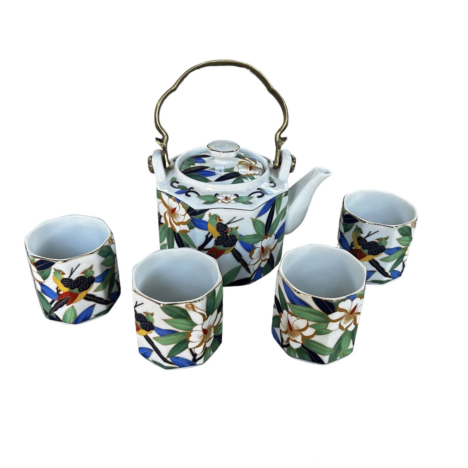 Takahasi Vintage Tropicale Hand Painted Floral Parrot Tea Set 4 Cups